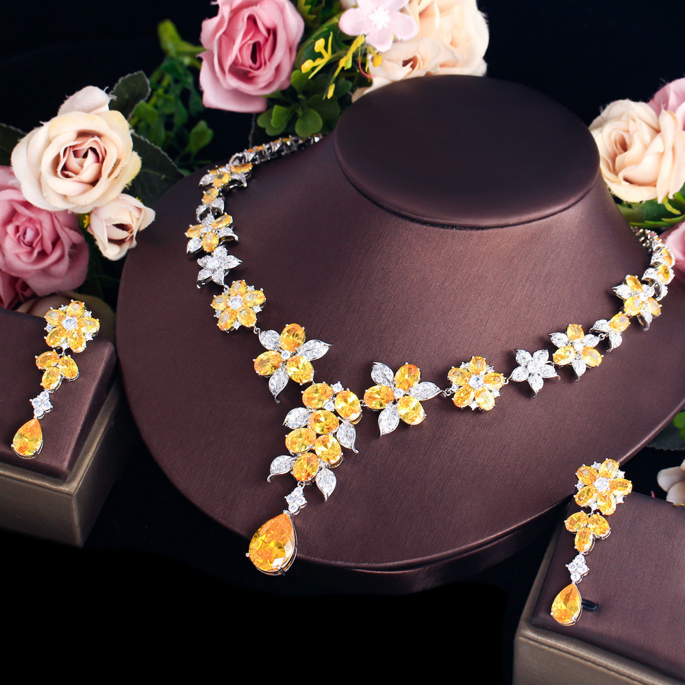 Women's Luxury Yellow Zircon Copper Jewelry Set - Teardrop Floral Earrings And Necklace For Wedding Banquet Evening Party Date