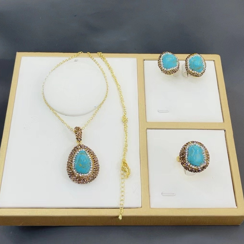 New Natural Turquoise Set  Style Vintage Necklace Earrings Ring Bracelet Jewelry Accessories