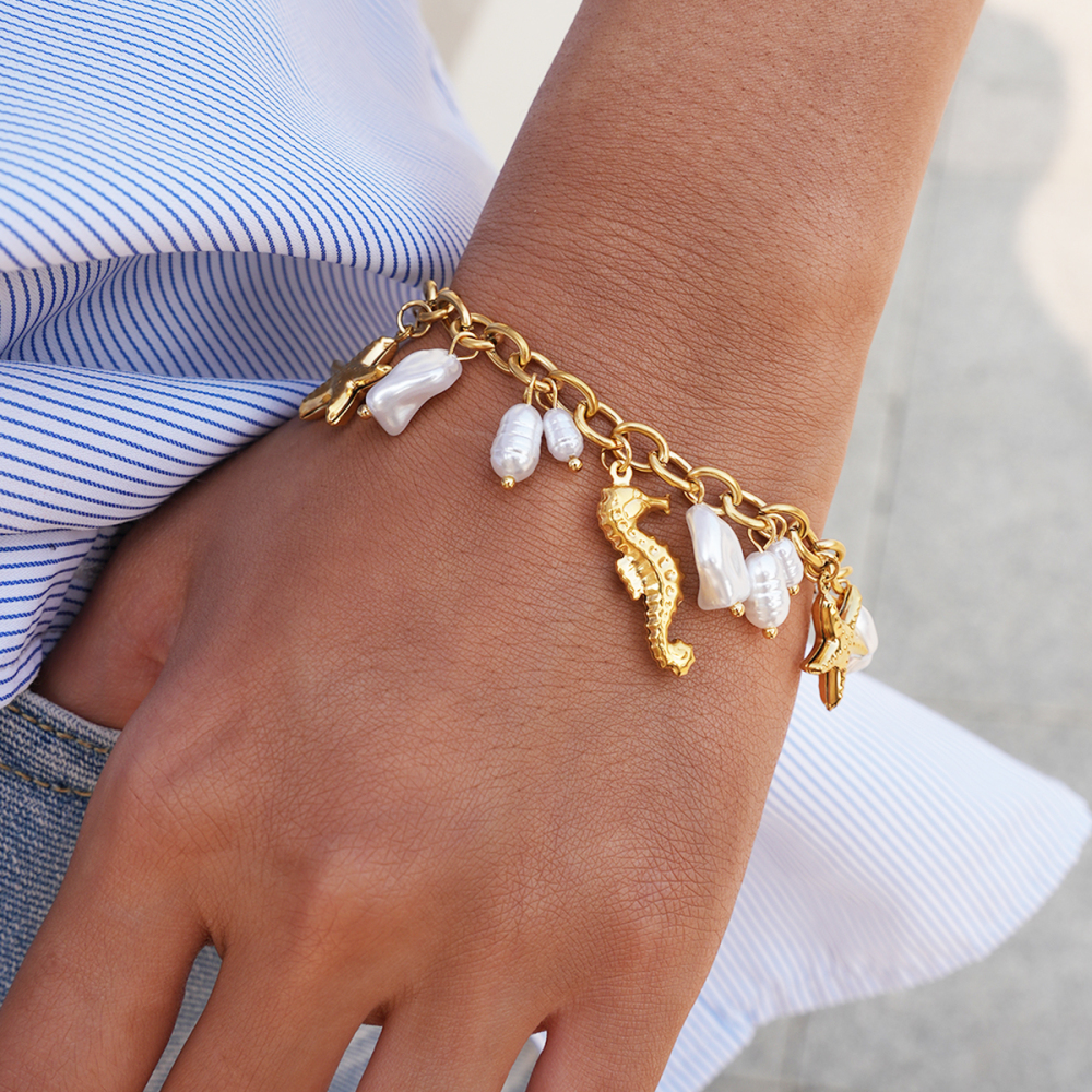 18K Gold Plated 304 Stainless Steel Vacuum Electroplated Artificial Pearl Ocean Bracelet Women's Jewelry Accessories Waterproof Non-Fading Three-Dimensional Asymmetric Handmade Chain