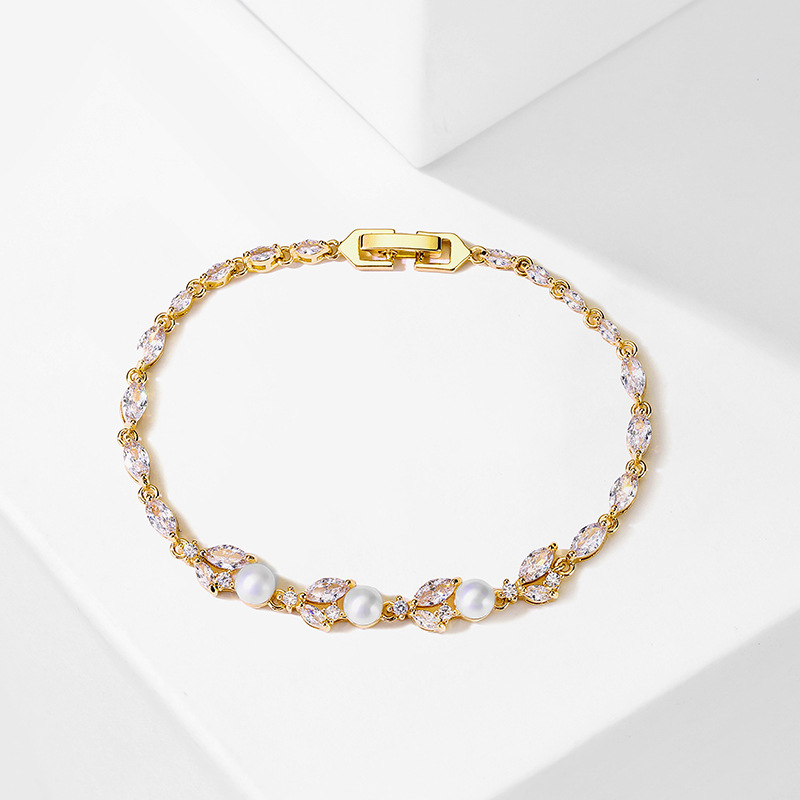 RAKOL New Luxury Light Weight Micro Paved Zircon Pearl Bracelet For Women Fashionable Versatile Hand Jewelry Geometric Pattern