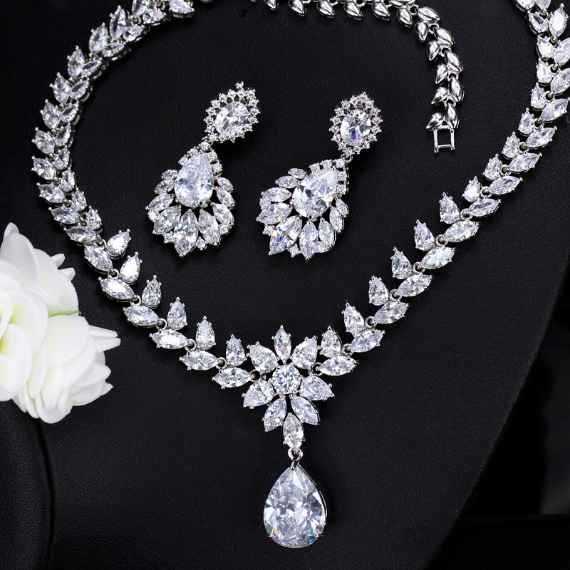 Banquet Birthday Date Copper Women's Zircon Silver Rhodium Plated Water Droplets Flower Jewelry Set