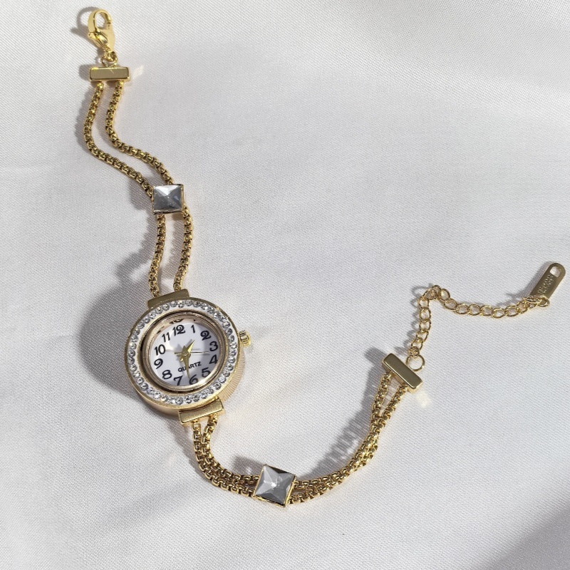 304 Stainless Steel Diamond-Inlaid Unisex Electronic Watch Bracelet Gold Round Pattern Crystal Pendant Chain Accessories