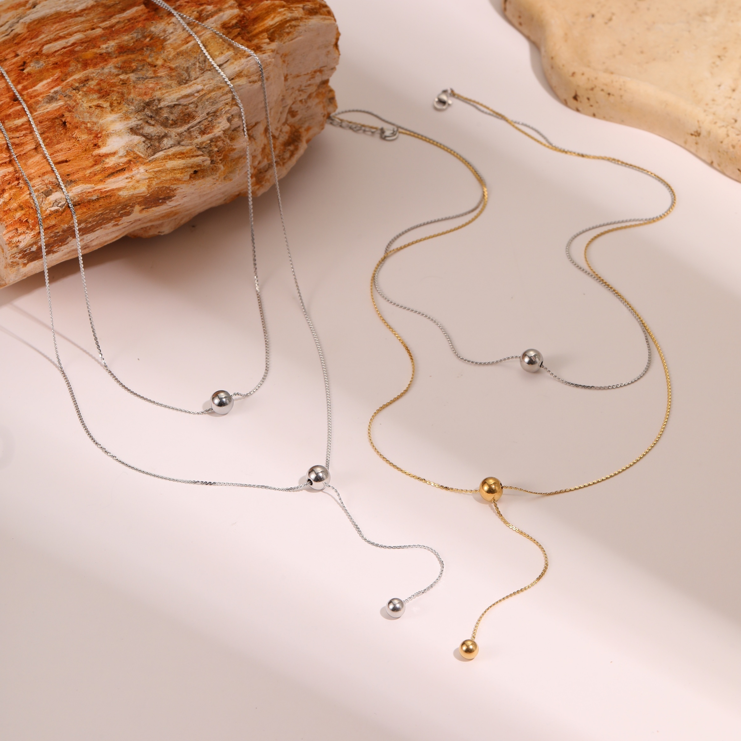 Fashionable Minimalist Double Layer Beaded Tassel Necklace Titanium Steel Non-Fading 18K Gold Plated Clavicle Chain Jewelry