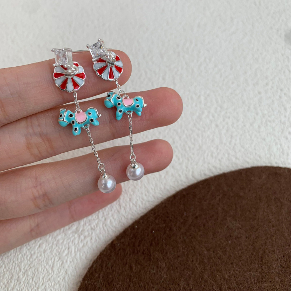 Creative Christmas Decorations Asymmetric Zircon Mini Umbrella Rotating Horse Pearl Earrings Jewelry Ear Studs For Women