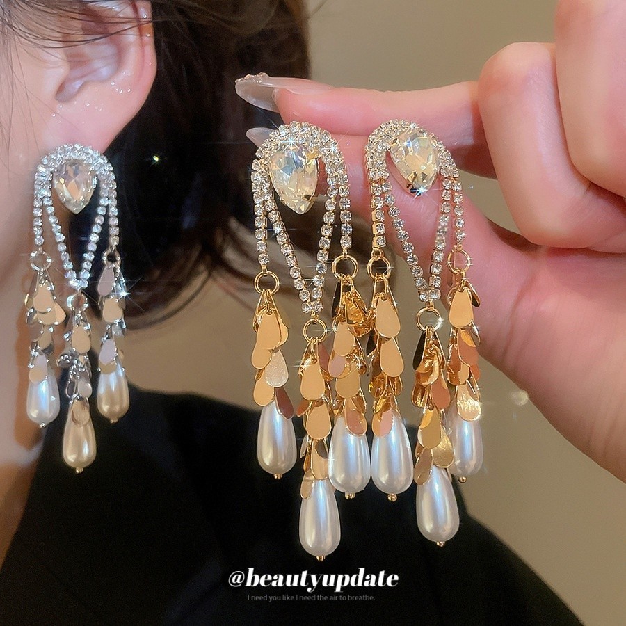 Gold Plated Silver Pin Inlaid Diamond Water Drop Pearl Earrings Vintage Heavy Earrings Jewelry Accessories