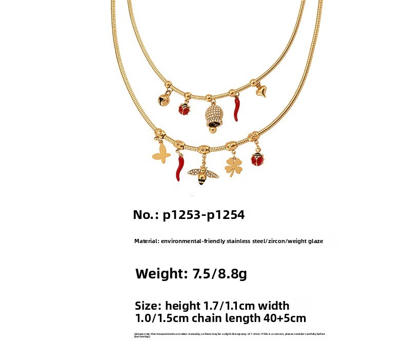 Stainless Steel Zirconia Pendant Oil Drop Red Pepper Ladybug Bee Bell Tassel Women's Necklace Unique Style Jewelry Accessories