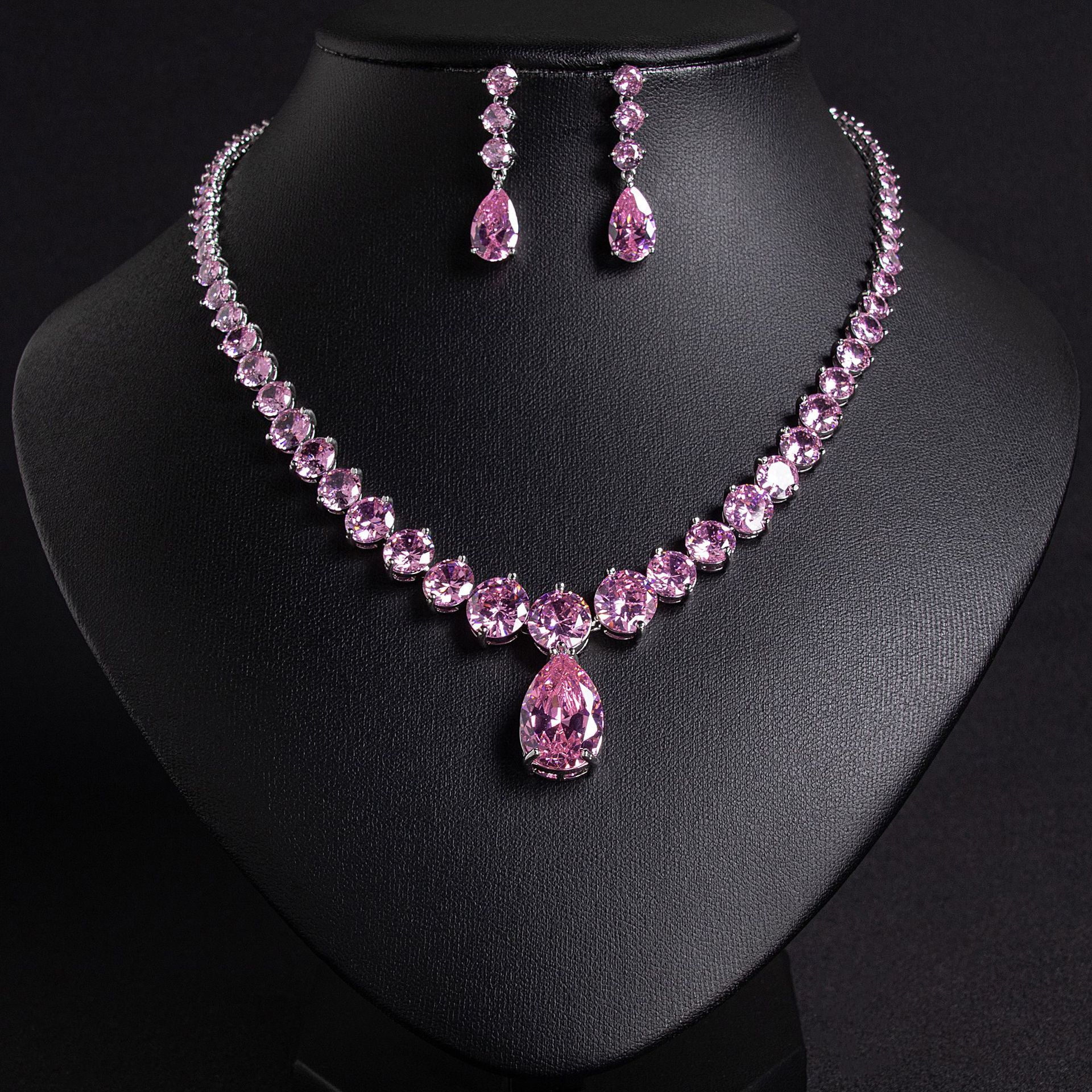 Elegant Waterdrop Zircon Pendant Bridal Dress Necklace And Earring Set Simple Fashionable  Style Jewelry