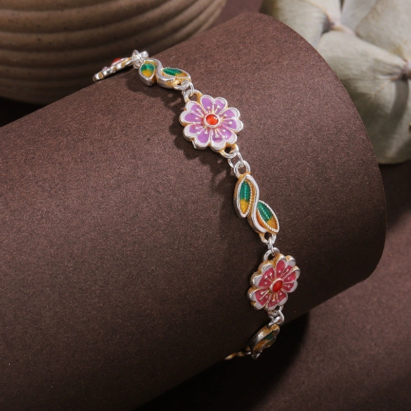 Silver-Plated Enamel Gold-Plated Vintage Geometric Pattern Peach Blossom Green Leaf Ingot Bracelet Chinese Style New Chinese Jewelry Gift For Girlfriend