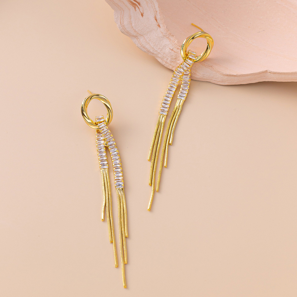 Tassel Long Chain Zircon Earrings Elegant Geometric Pattern Stainless Steel Women's Jewelry Accessories  Style