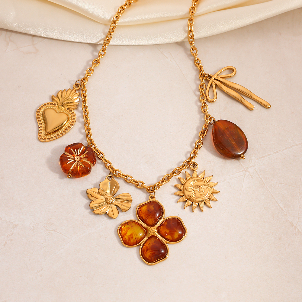 Milad Style Sunflower Bow Amber Color Vacuum Electroplated 18K Real Gold 304 Stainless Steel Autumn Winter Sweater Chain