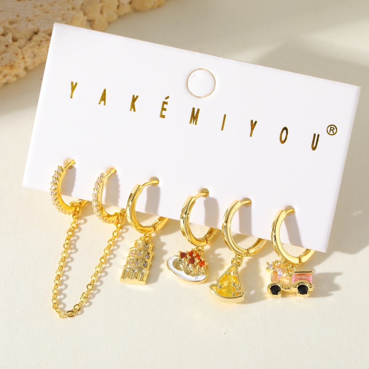Italian Combination 14K Gold Plated Copper Embedded Zircon Pyramid Car Pendant Earrings Women's Fashion Jewelry Accessories