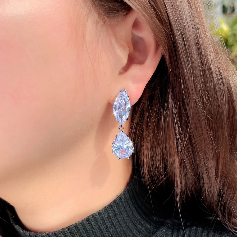 1 Pair Copper Ear Clips Elegant Sparkling Cubic Zirconia Water Drop Shape Non-Pierced Ear Clip Earrings For Women Engagement Wedding Jewelry