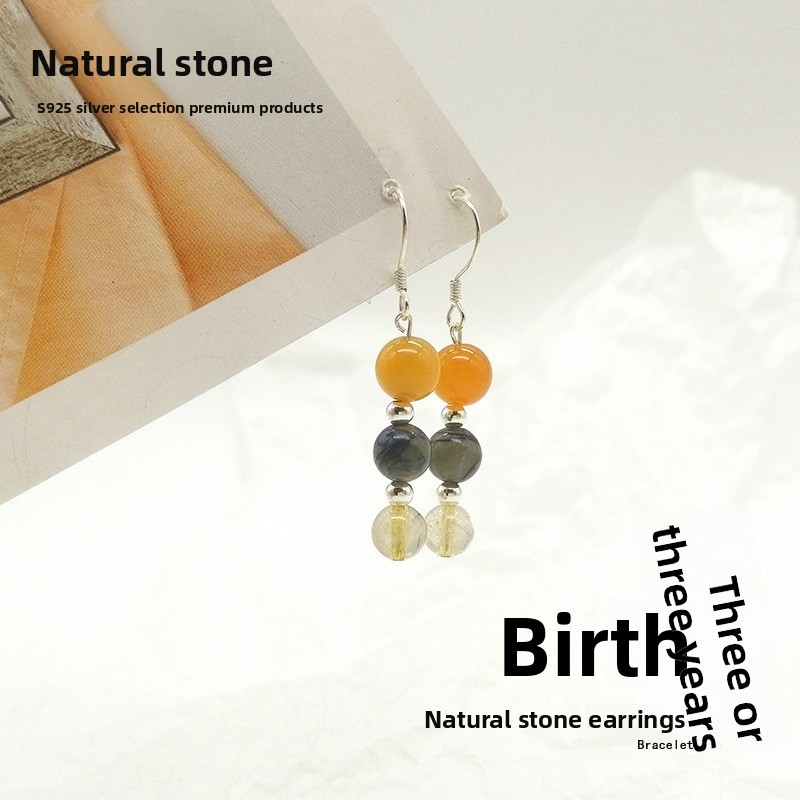 New Chinese Style Colorful Beaded Women's Earrings S925 Silver Studs Geometric Pattern Crystal Simple Design Jewelry Accessories