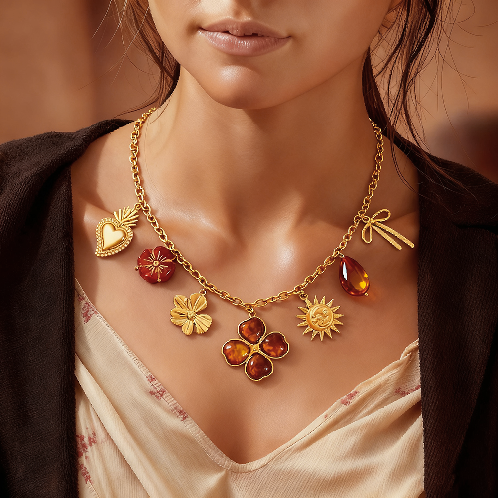 Milad Style Sunflower Bow Amber Color Vacuum Electroplated 18K Real Gold 304 Stainless Steel Autumn Winter Sweater Chain
