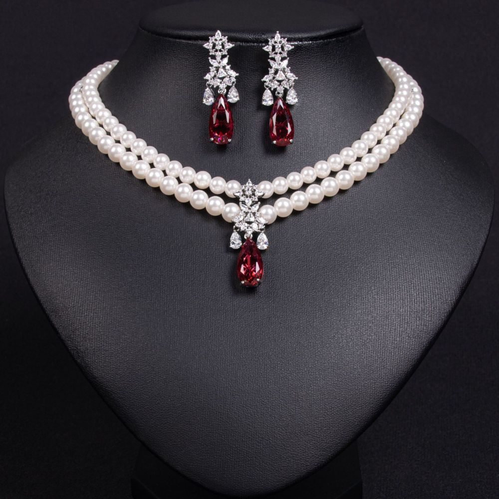 Double Layer Pearl Zircon Necklace Set With Waterdrop Earrings For Banquet Dresses  Style Jewelry Accessories