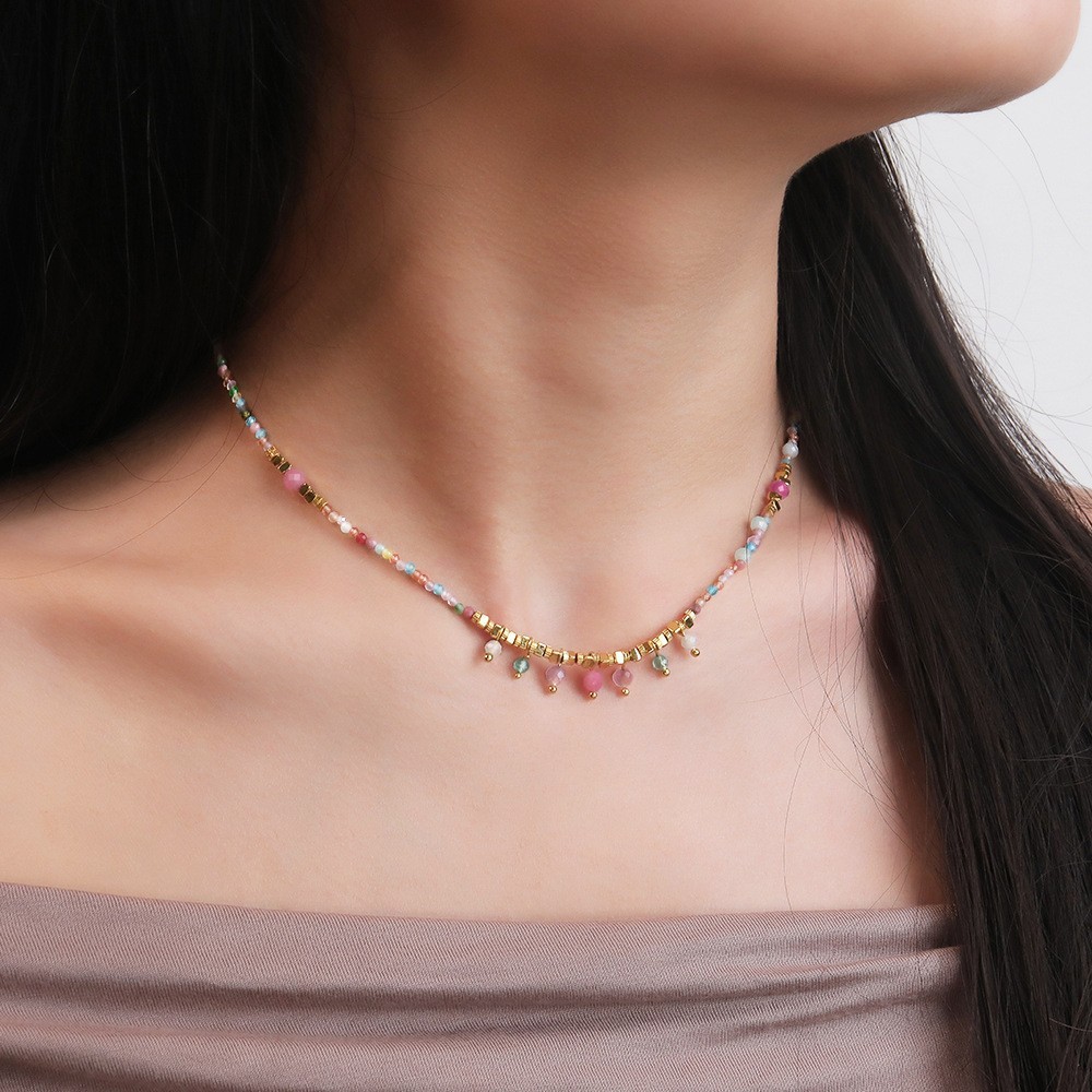 Bohemian Modern Style Classic Style Geometric Round 18K Gold Plated Natural Stone Copper Wholesale Necklace