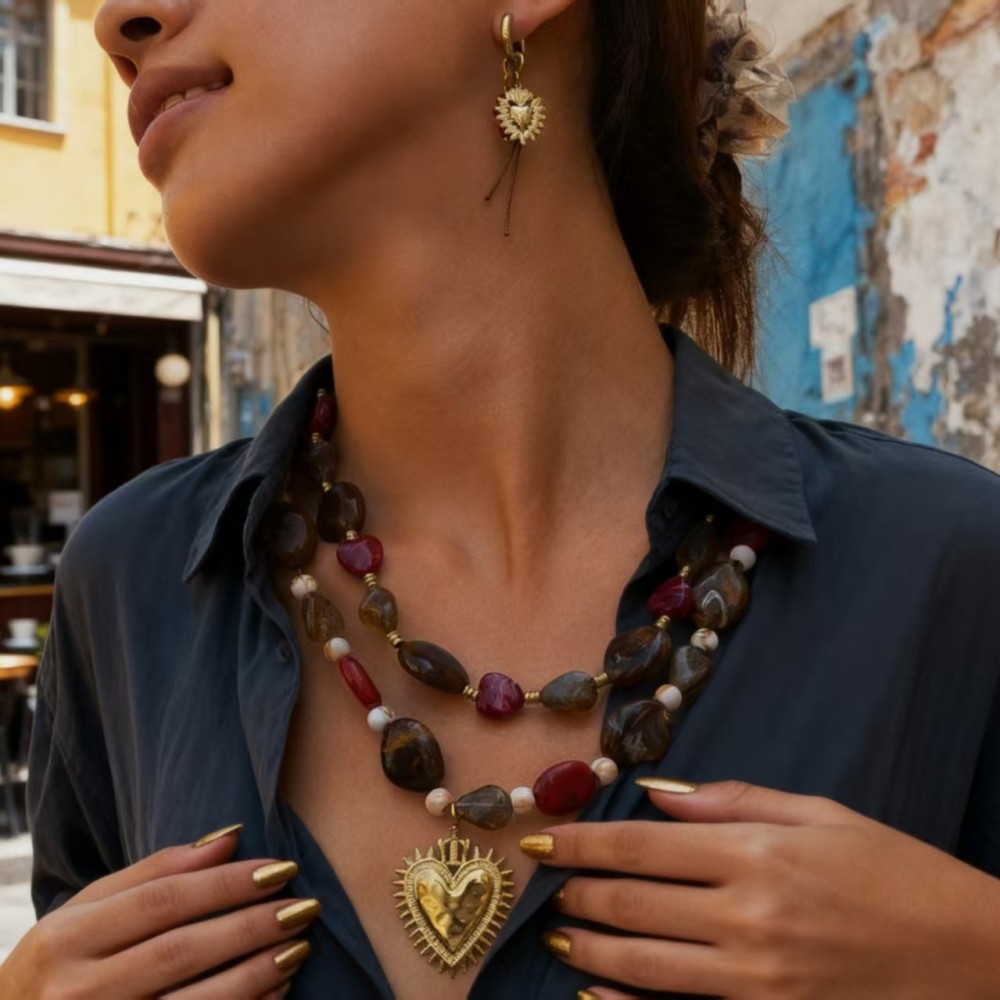 Acrylic Dark Heart Pendant Necklace Stainless Steel Heart Sun Earrings Vintage Accessories