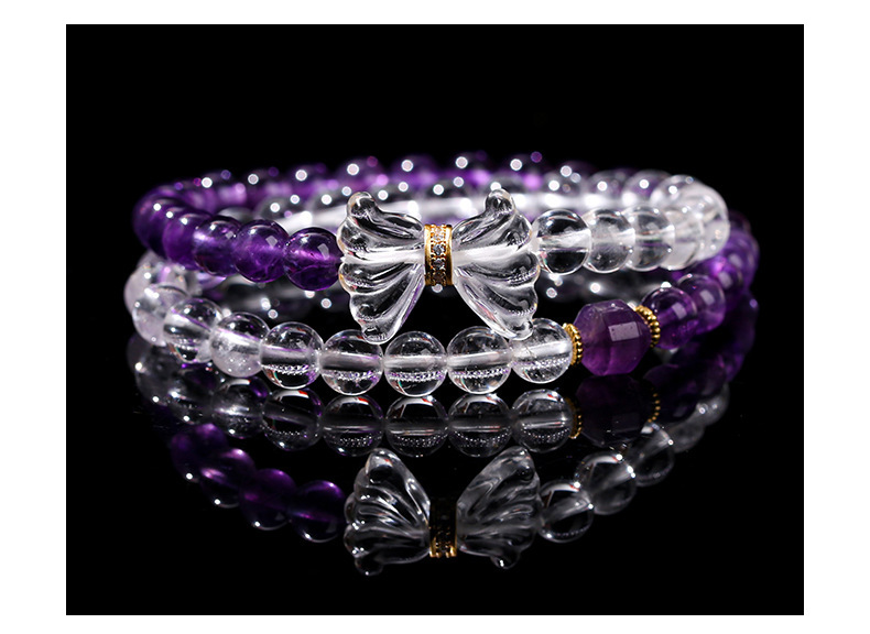 JD Jewelry Double Ring Bracelet Natural Amethyst White Crystal Bow Simple Style Fashion Sweet Style Women's Accessories