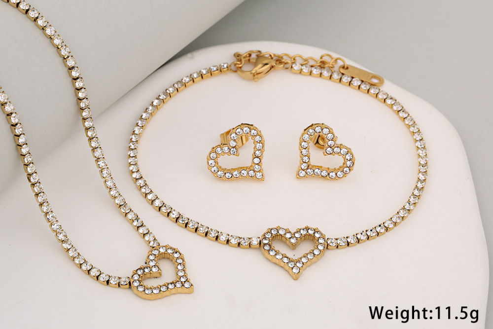 Stainless Steel Full Drill Jewelry Set Cross Circle Heart Shaped Vacuum Plating 18K Gold Dipped Water Diamond Accessories