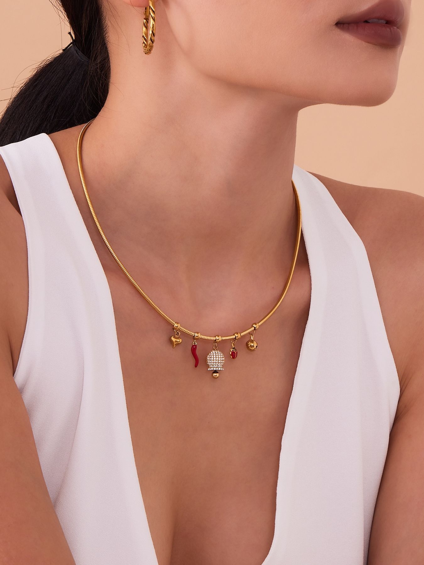 Stainless Steel Zirconia Pendant Oil Drop Red Pepper Ladybug Bee Bell Tassel Women's Necklace Unique Style Jewelry Accessories