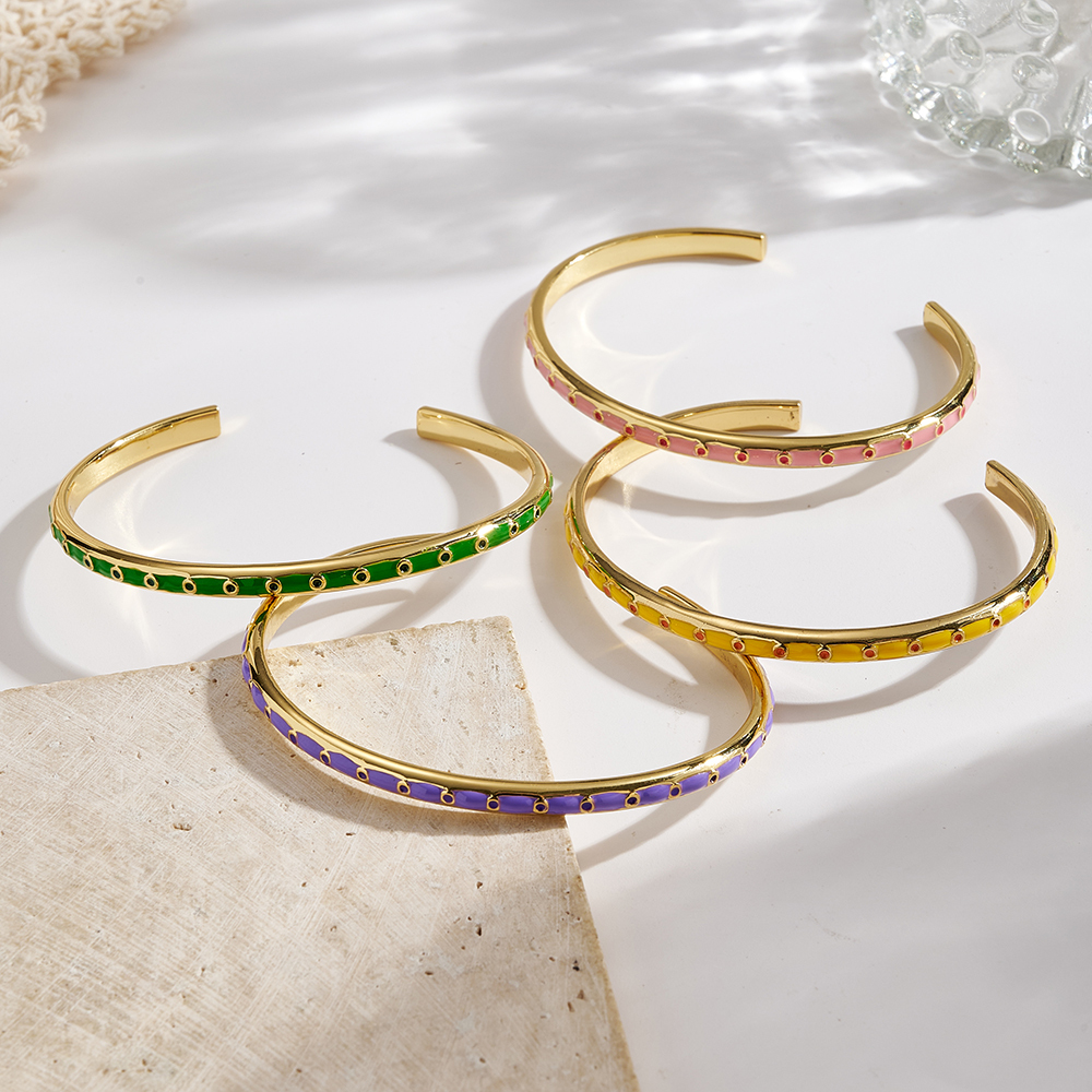 INS Style New Jewelry Color Retention Electroplated Copper Colorful Oil Drop Open Bracelet Casual Modern Style C-shaped Round Simple Water Plated 18K Real Gold C-shaped Bracelet/Cuff Bracelet Wholesale