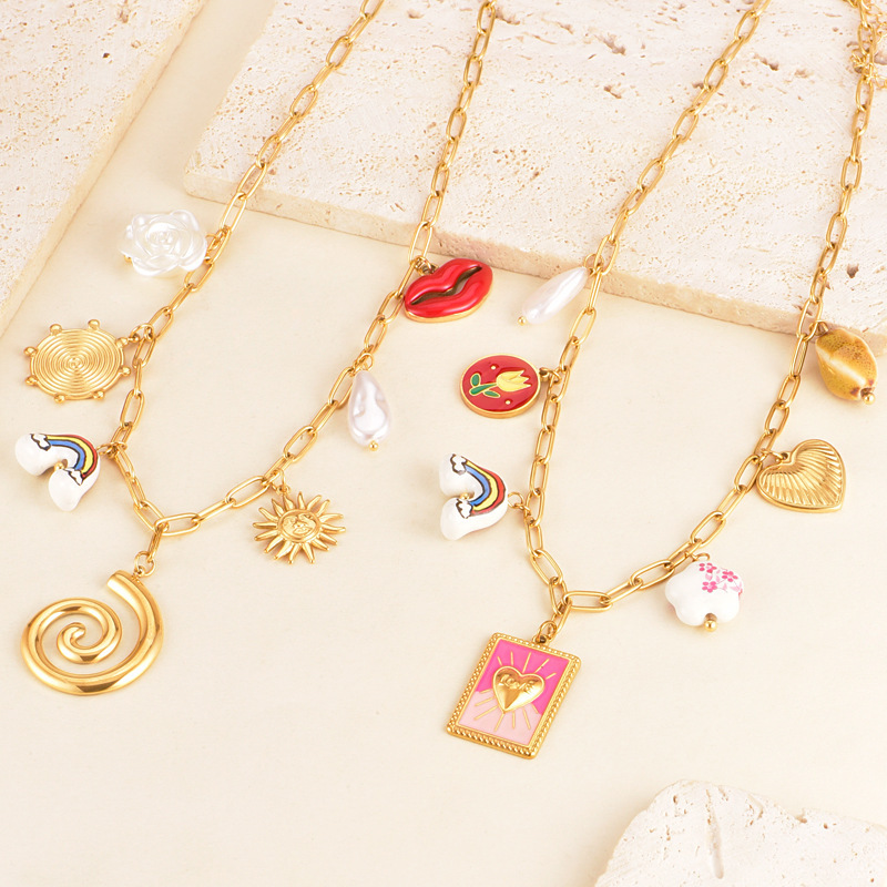 304 Stainless Steel Geometric Heart Shape PVD Coated 18K Real Gold Plated Retro Classic Style Waterproof Non Tarnish Plating Cable Chain Lobster Trigger Clasp Closure Pendant Necklace