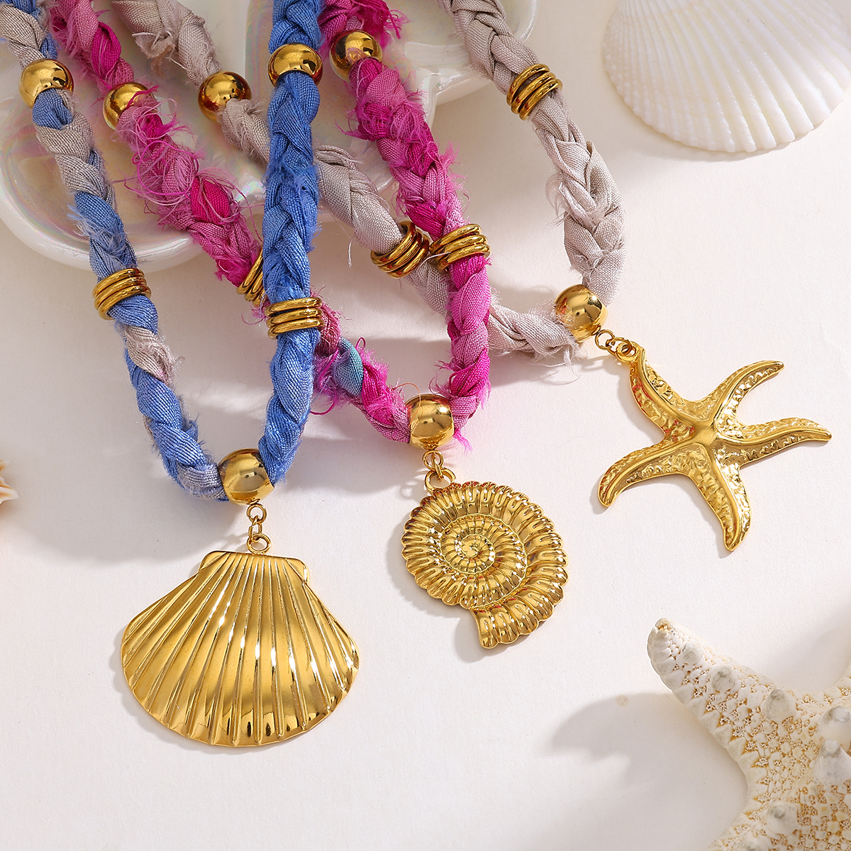 Casual Elegant Classical Starfish Snails Shell 18K Gold Plated Vacuum Plating 304 Stainless Steel Bandana Polyester Silk Scarf Cord Cloth Strip Lobster Trigger Clasp Closure Pendant Necklaces Wholesale