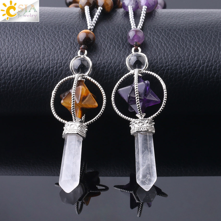 Natural White Crystal Column Long Necklace Merkaba Stone Bead Women's Sweater Chain Autumn Winter Versatile Simple Style Copper Accessories