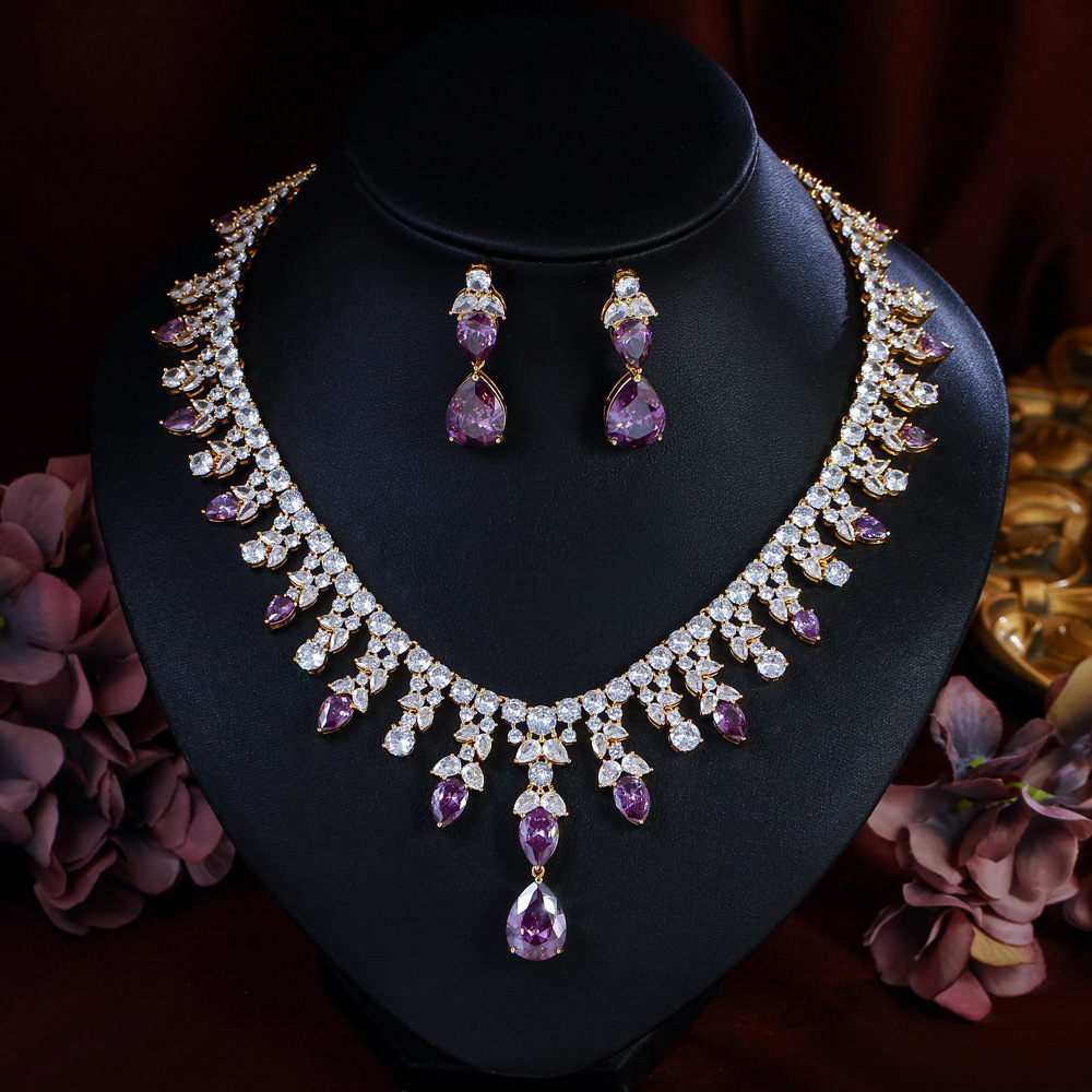 Elegant Teardrop Purple Zircon 2-Piece Copper Jewelry Set For Women - Luxury Wedding Party Date Night Accessory