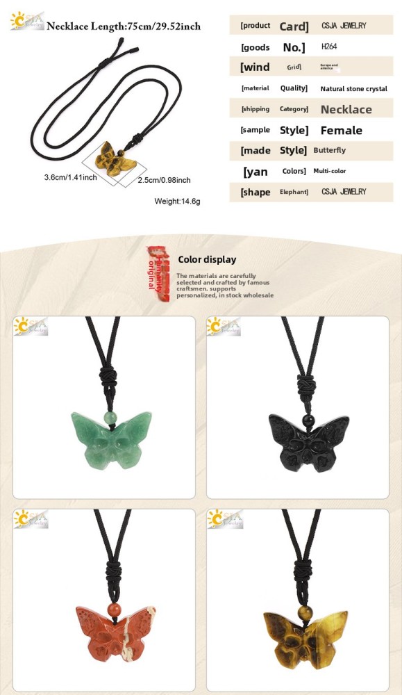 Elegant Retro Style Butterfly Natural Stone Rope Woven Chain Pendant Necklace Wholesale Carved Grimace Semi-Precious Crystal Halloween Theme Jewelry Accessories