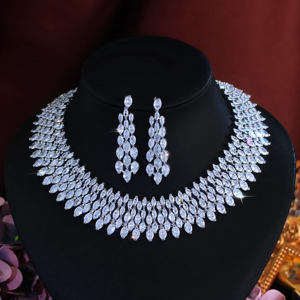 Rhodium Plated Copper Water Plated Zircon Geometric Pattern (Jewelry) Waterproof Non-Fading Wide Thick Women Bride Gorgeous Necklace Earrings Set For Women Wedding Season