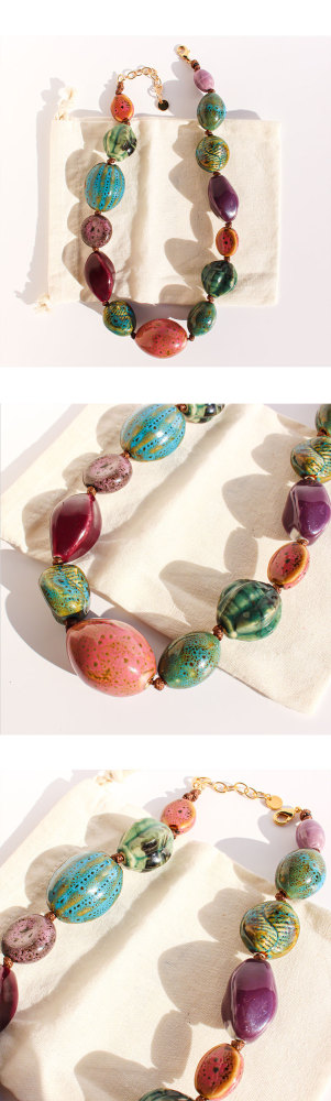 Art Oil Painting Color Plated 24K Real Gold Contrast Old Ceramic Handmade Beaded Necklace Women's Accessories 766