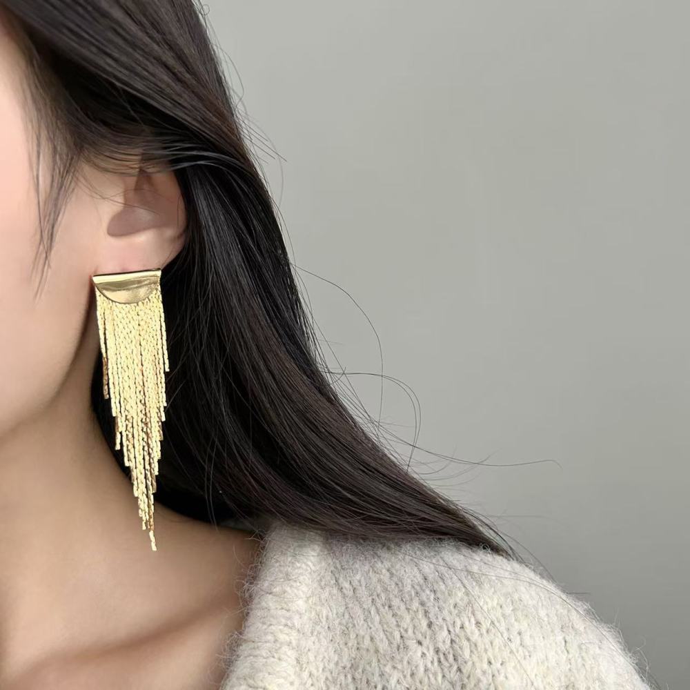 Long Tassel French Metal Earrings For Women, Simple Silver Needle Jewelry Accessories For Evening Banquets