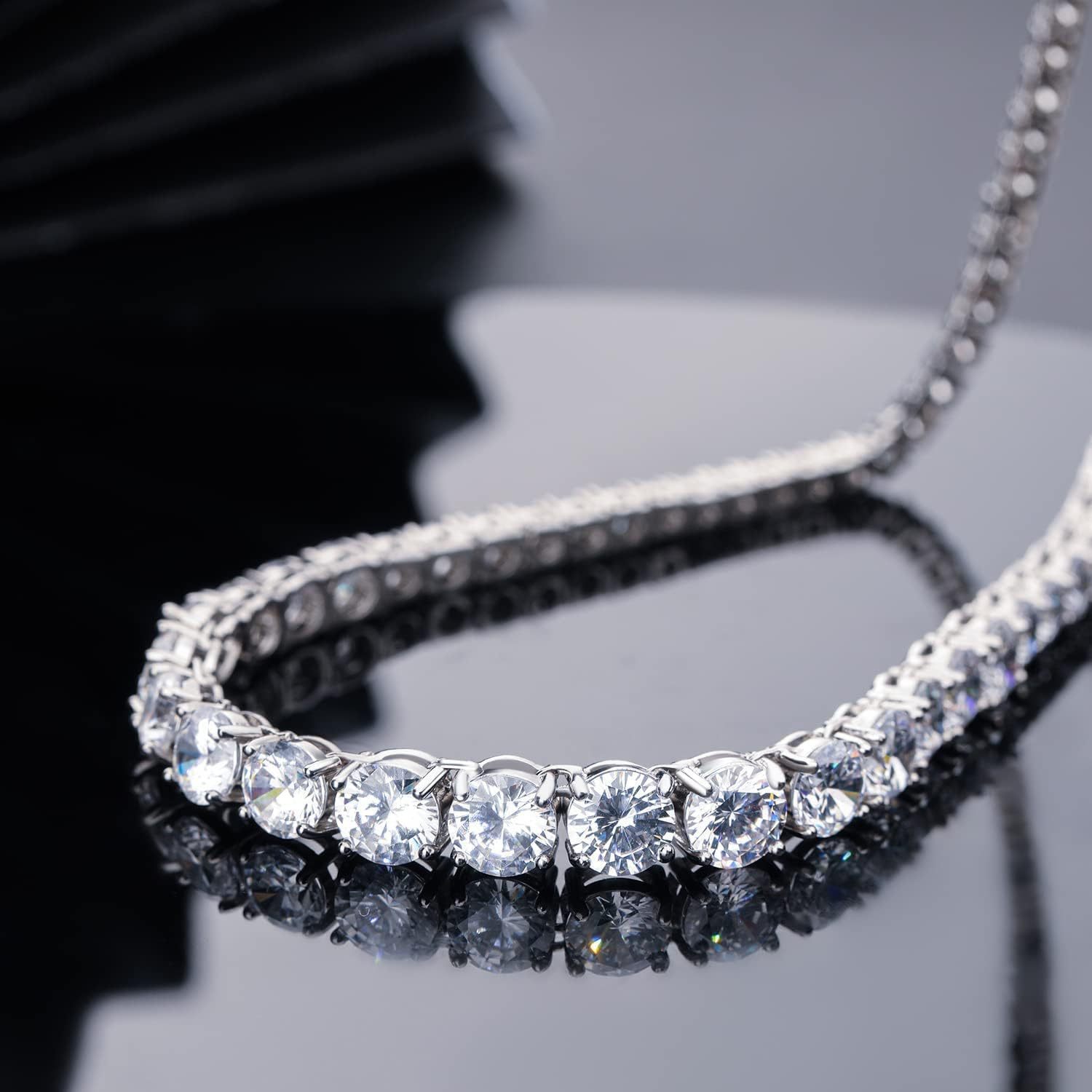 Fashion Heavy Gradient Zircon Tennis Necklace Clasp Chain 4-Prong Design Unisex Solid Color Copper Necklace Cool Sweet Style