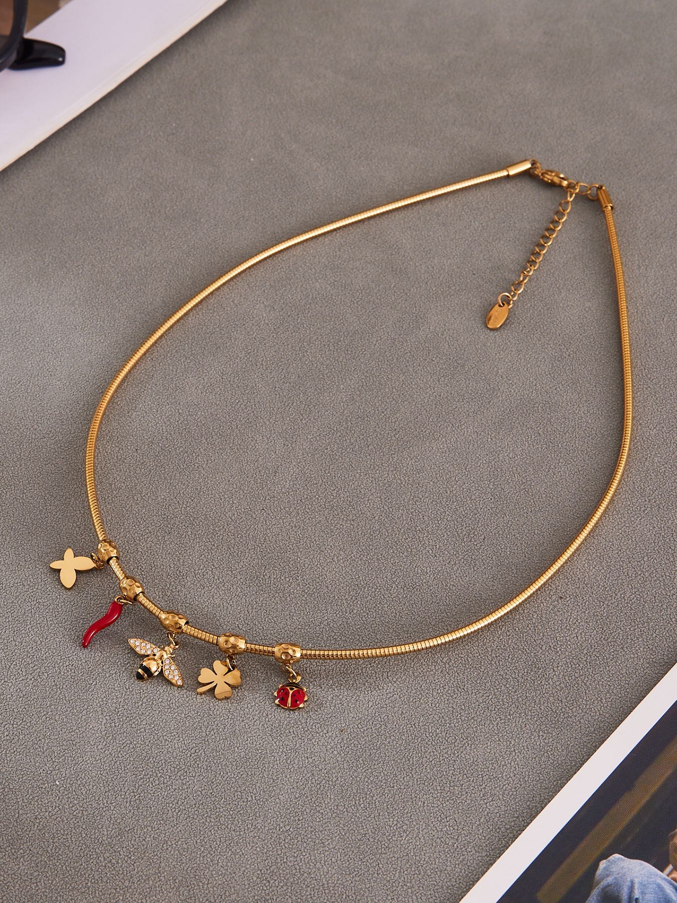 Stainless Steel Zirconia Pendant Oil Drop Red Pepper Ladybug Bee Bell Tassel Women's Necklace Unique Style Jewelry Accessories