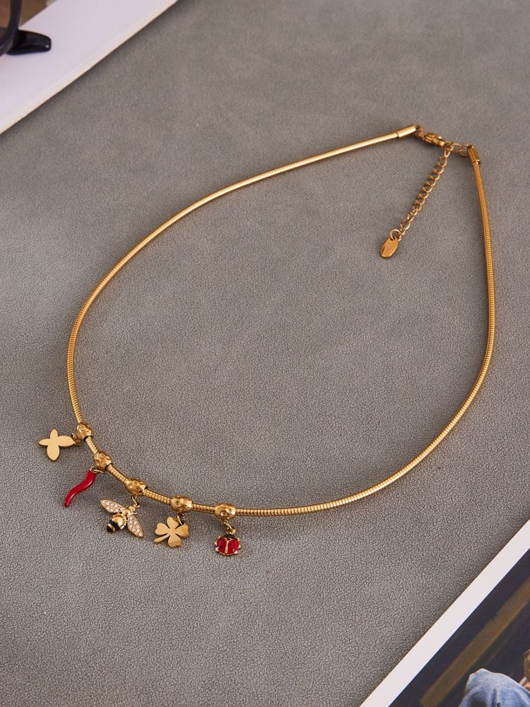 Stainless Steel Zirconia Pendant Oil Drop Red Pepper Ladybug Bee Bell Tassel Women's Necklace Unique Style Jewelry Accessories