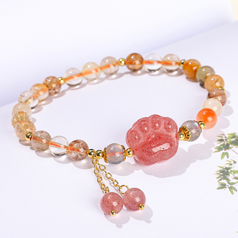 Natural Crystal Cat Paw Bracelet For Girls Cute Tassel Accessories Strawberry Crystal Hair Jewelry Crystal Animal Pattern Jewelry