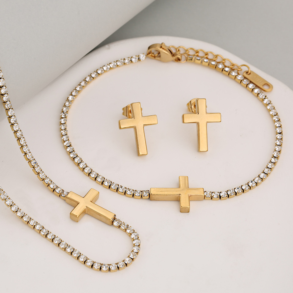 Stainless Steel Full Drill Jewelry Set Cross Circle Heart Shaped Vacuum Plating 18K Gold Dipped Water Diamond Accessories