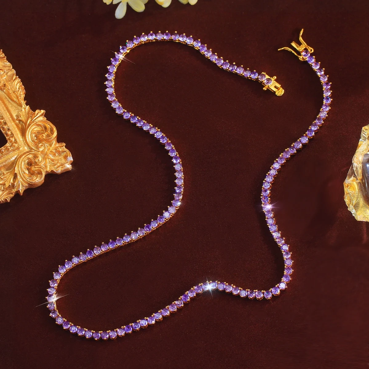 Copper Material Water Plated Rhodium Inlaid Purple Round Zircon Geometric Pattern (Jewelry) Waterproof Non-Fading Butterfly Clasp Women's Wedding Full Diamond Tennis Necklace