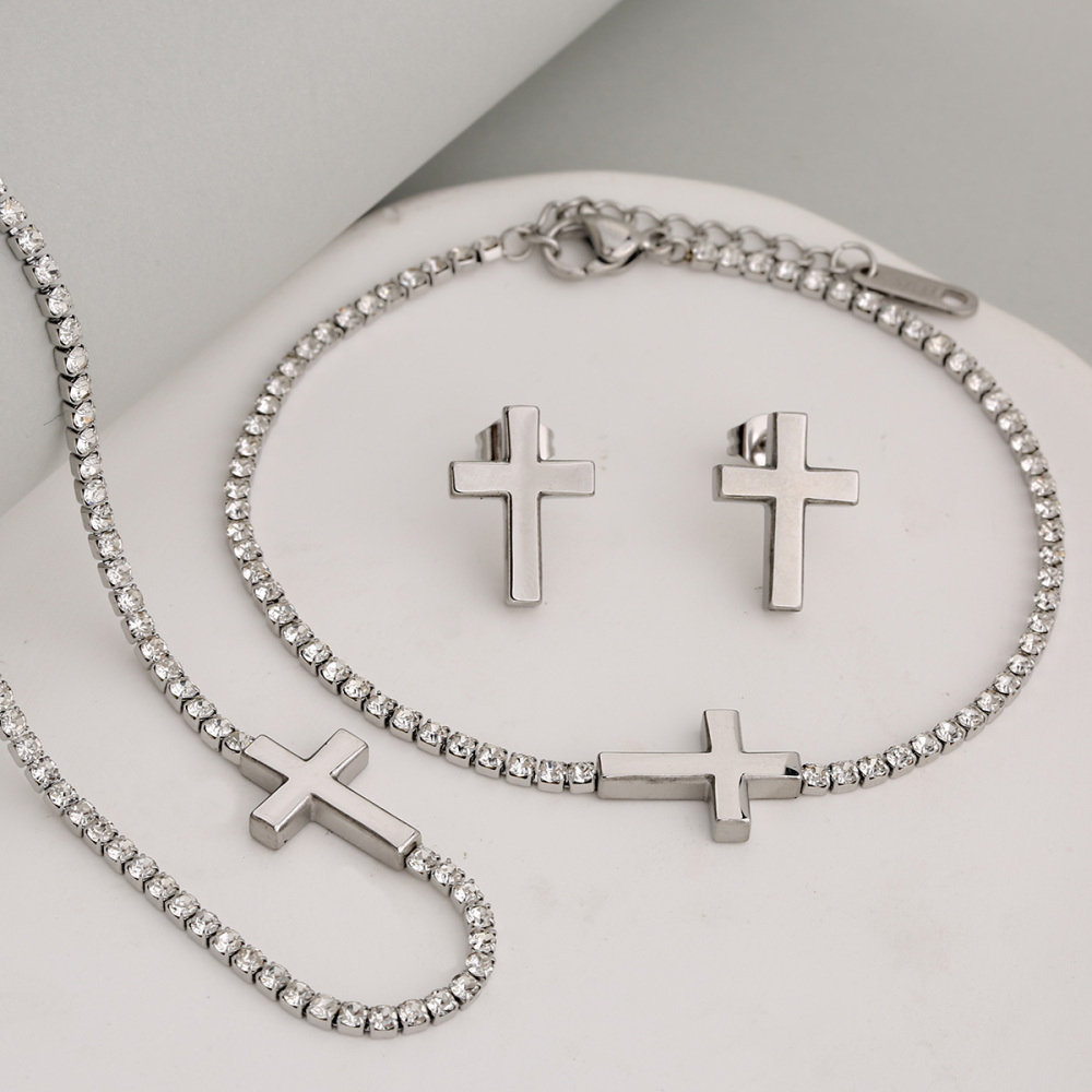 Stainless Steel Full Drill Jewelry Set Cross Circle Heart Shaped Vacuum Plating 18K Gold Dipped Water Diamond Accessories