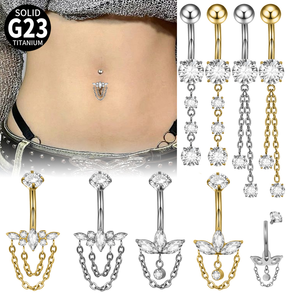 Titanium Belly Button Piercing Belly Button Ring Zircon Hanging Chain Multiple Horse Eye Pendant Internal Teeth Belly Button Nail Body Piercing Jewelry Accessories