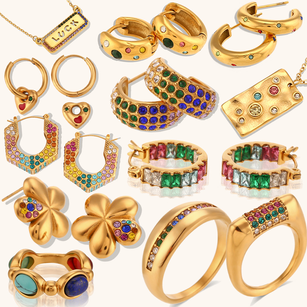 PVD Coated Real Gold Plated Color Block Stainless Steel Titanium Steel Classic Style Waterproof Non Tarnish Rings Earrings
