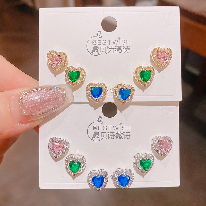 New High-grade Color Zircon Love Earrings Three Pair Of Women's Silver Needle Elegant Earrings 6-piece Earrings