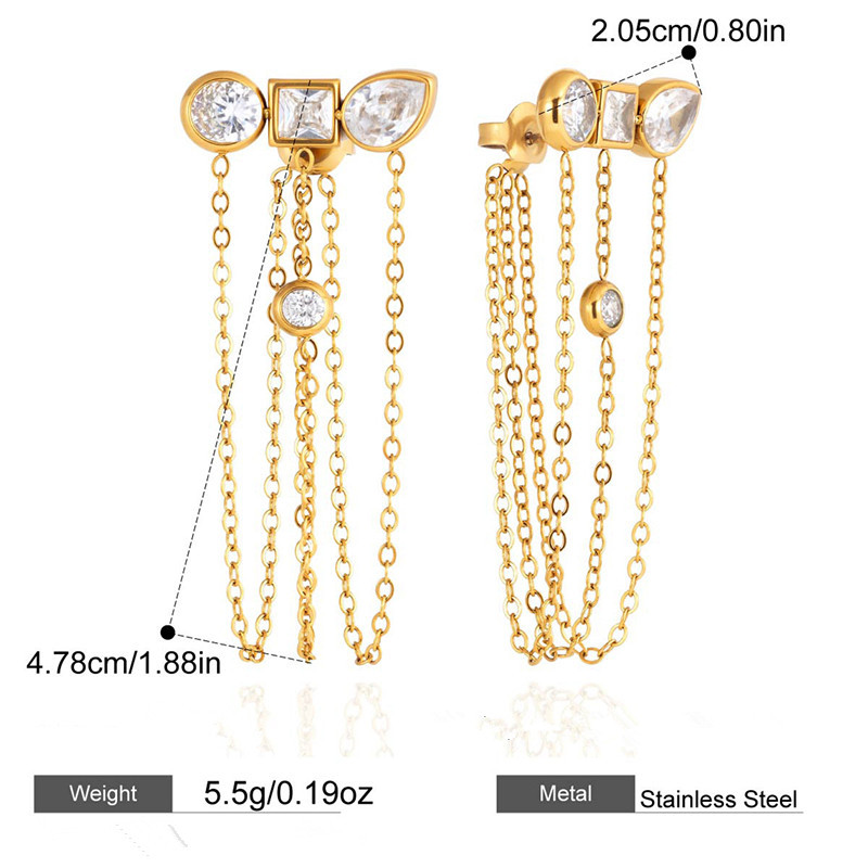 18K Gold Plated Jewelry 304 Stainless Steel Zircon Tassel Earrings Waterproof Non-Fading Vintage Classic Accessories