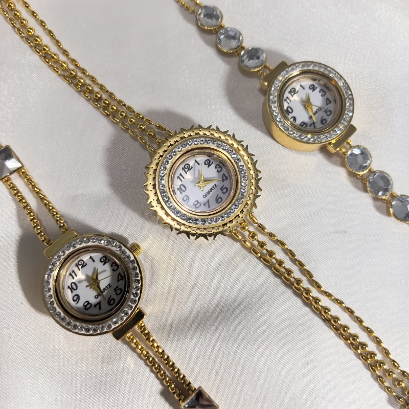 304 Stainless Steel Diamond-Inlaid Unisex Electronic Watch Bracelet Gold Round Pattern Crystal Pendant Chain Accessories