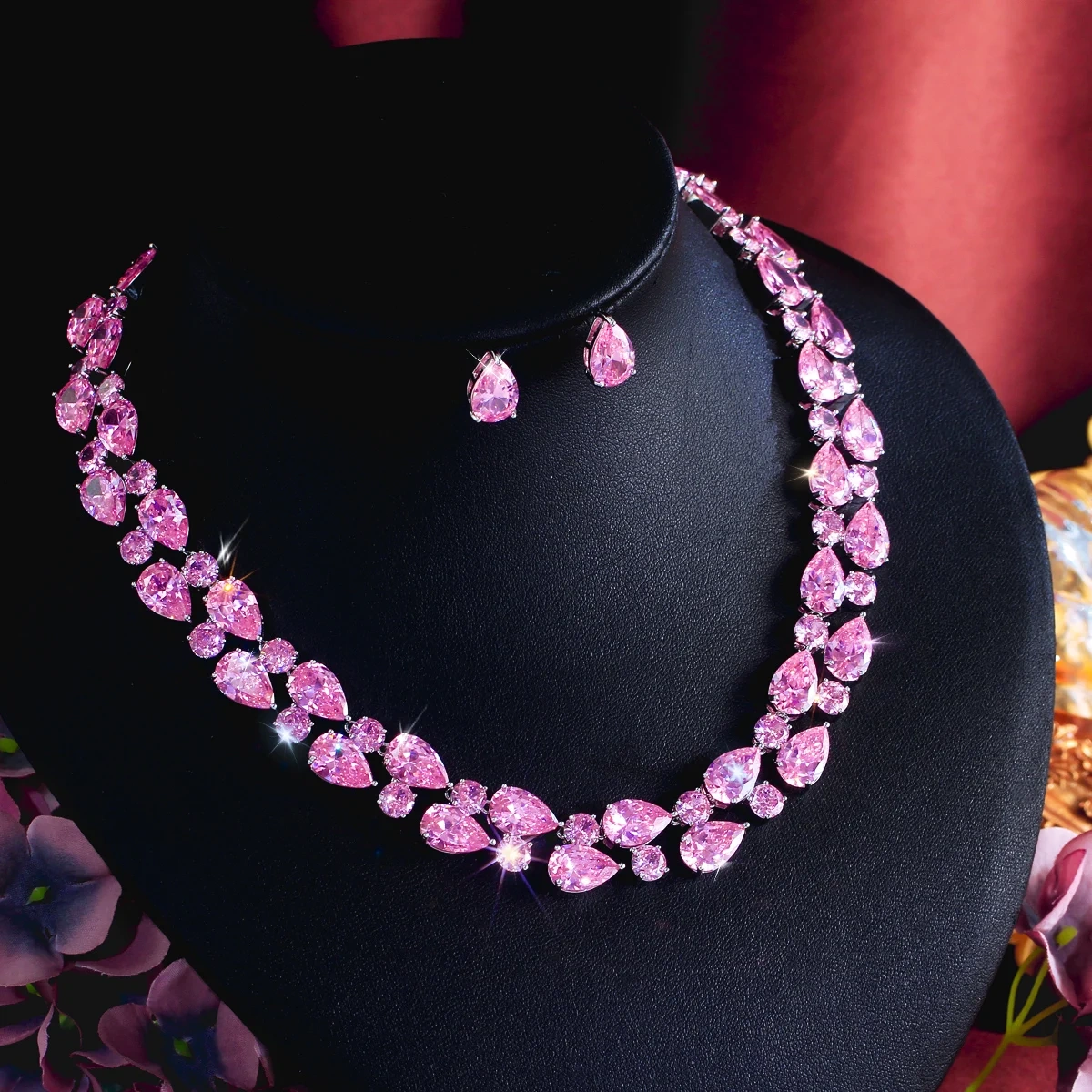Copper Jewelry Two-Piece Set Luxurious Pink Water Drop Zircon Crystal Necklace Earring Set Suitable For Women Valentine's Day Wedding Party Wear Best Gift Choice