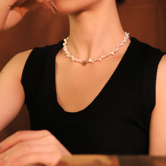 Love Copper Button Natural Pearl Necklace