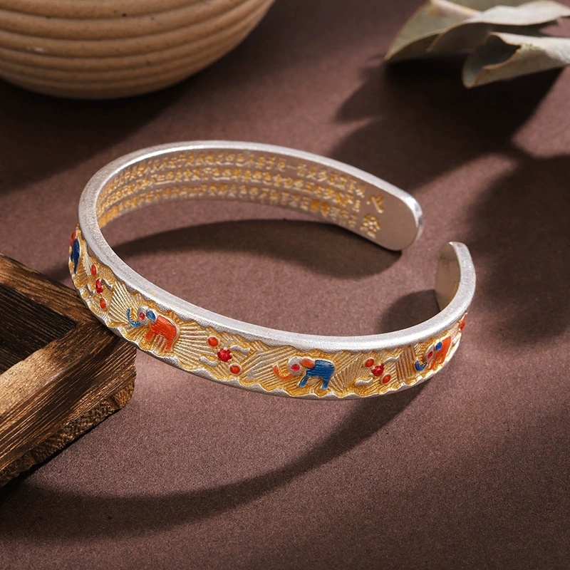 Vintage Ethnic Style Silver-Plated Bracelet With Gold Enamel Auspicious Symbols Ruyi Heart Sutra Bracelet Chinese Style Gift For Girlfriend Ancient Silver Bracelet Geometric Pattern Flower