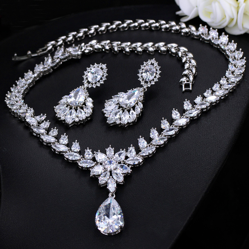 Banquet Birthday Date Copper Women's Zircon Silver Rhodium Plated Water Droplets Flower Jewelry Set