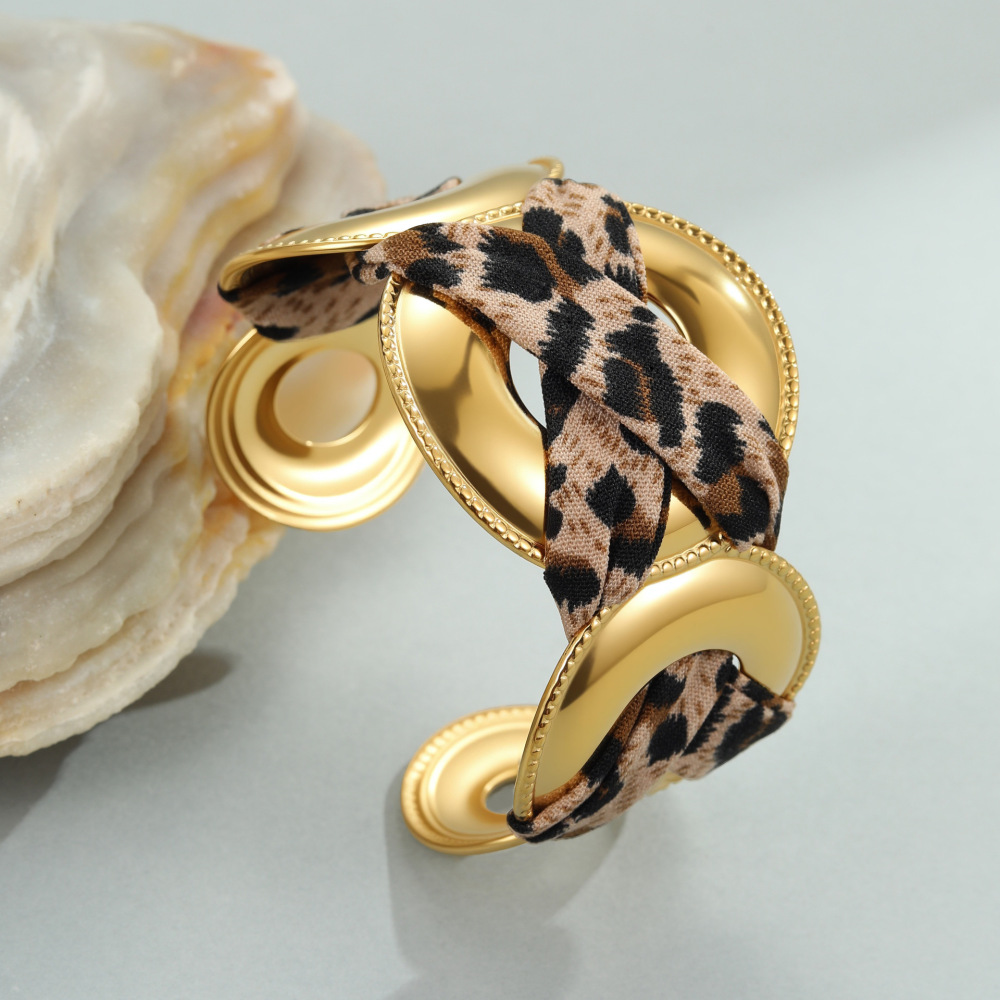 Stainless Steel Wide Open Bracelet With Leopard Print Ribbon Fashionable European Style Gold Plated Accessory For Women